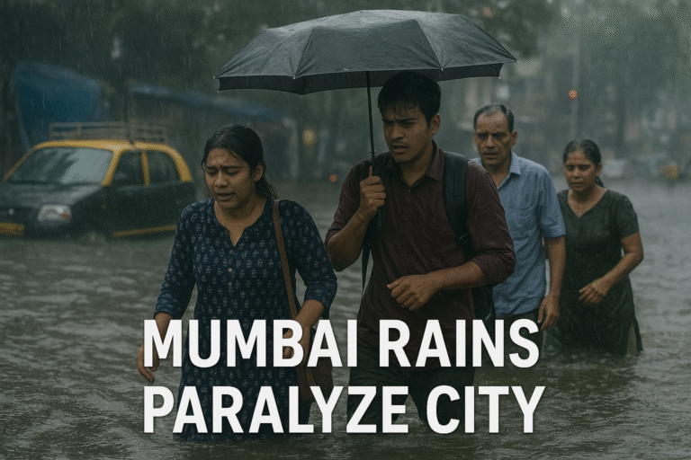 People struggling in heavy Mumbai rains, with waterlogged streets and traffic disruption.
