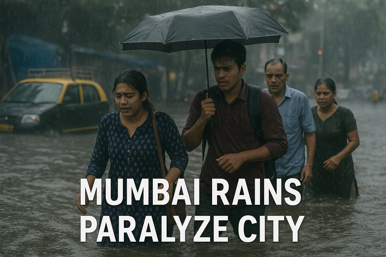 People struggling in heavy Mumbai rains, with waterlogged streets and traffic disruption.