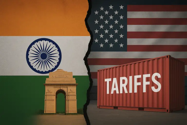 Split image of India Gate with Indian flag and U.S. flag with cargo containers symbolizing trade war tensions