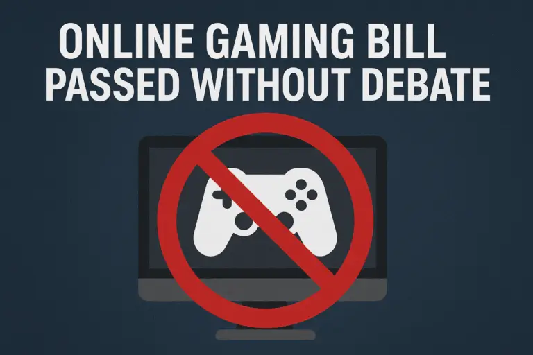Graphic illustration showing a computer screen with a gaming controller crossed out by a red prohibition symbol, representing the Online Gaming Bill banning real-money games.