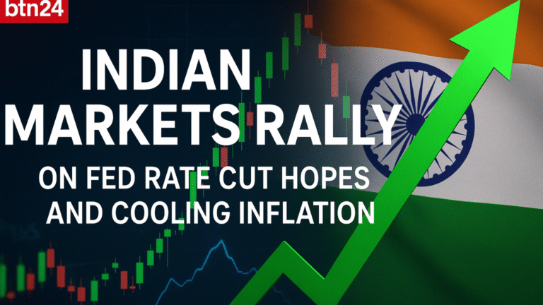 Indian stock market rally news graphic with rising candlestick chart, upward green arrow, and Indian flag in background, highlighting Fed rate cut hopes and cooling inflation.