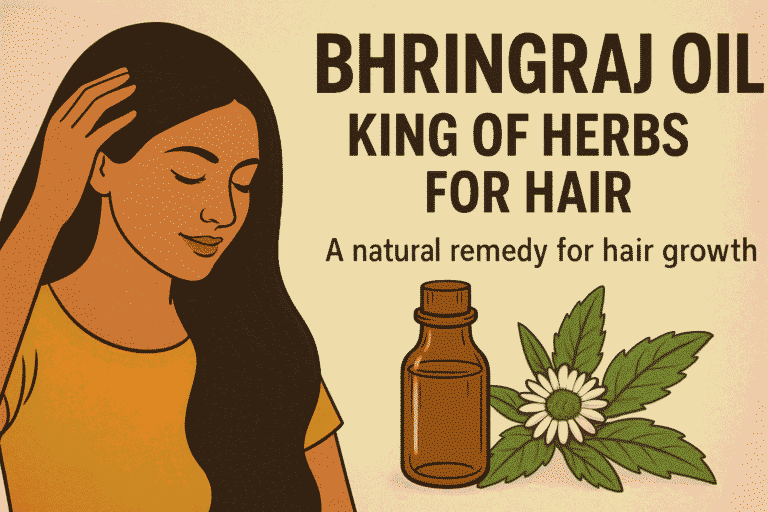 Illustration of a woman applying Bhringraj oil on her hair, with a bottle of oil and Bhringraj plant, highlighting its benefits for hair growth.