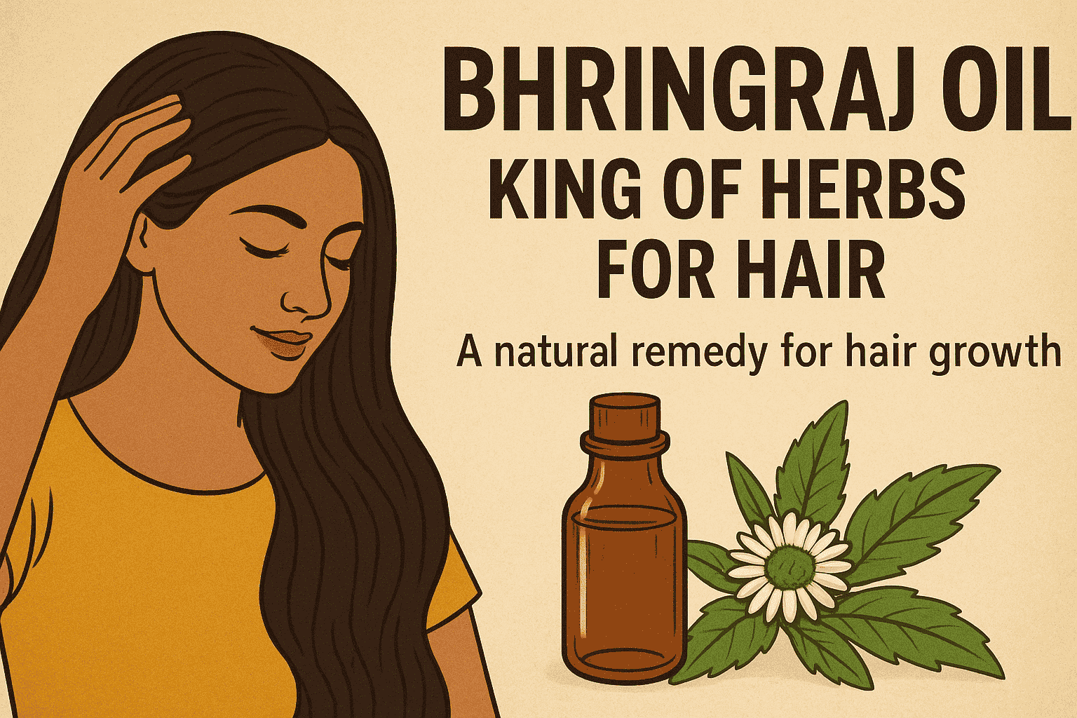 Illustration of a woman applying Bhringraj oil on her hair, with a bottle of oil and Bhringraj plant, highlighting its benefits for hair growth.