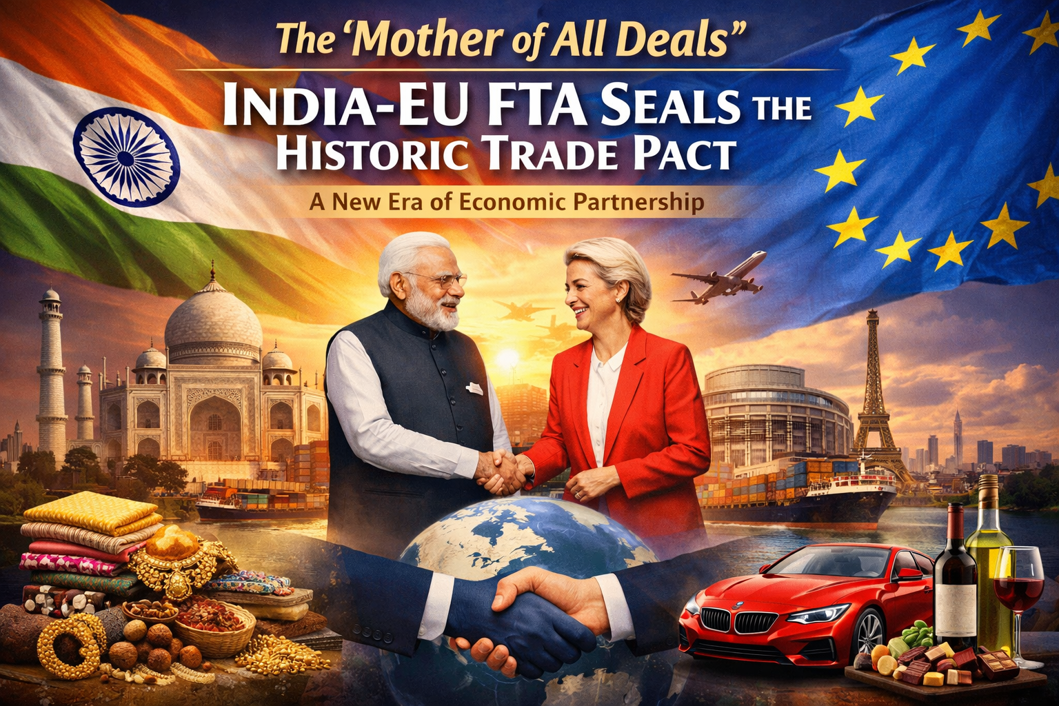 India and European Union leaders shaking hands symbolizing the historic India-EU Free Trade Agreement