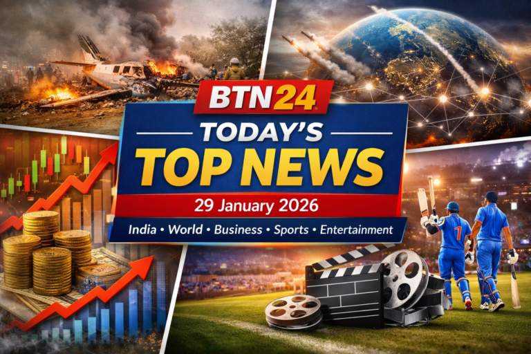 Feature image for BTN24 daily news roundup dated 29 January 2026, showing major categories like India, World, Business, Sports, and Entertainment in a professional and engaging layout.