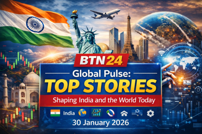Global news feature image showing India and world headlines with Indian flag, Taj Mahal, global landmarks, digital globe, stock market trends, and technology visuals representing top stories on January 30, 2026.
