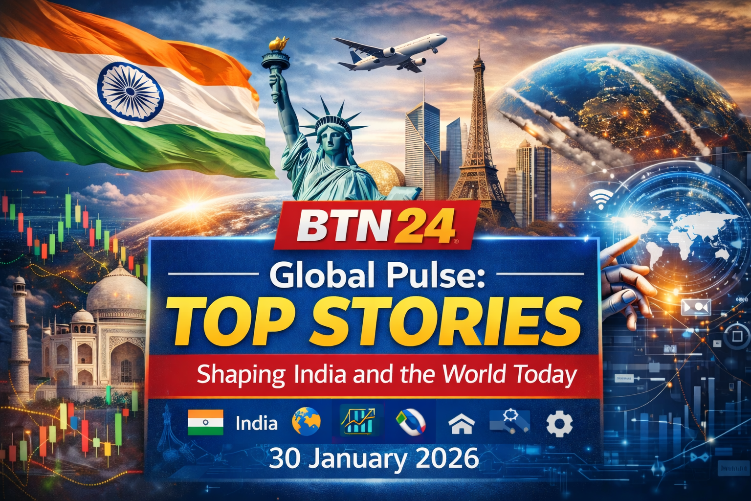Global news feature image showing India and world headlines with Indian flag, Taj Mahal, global landmarks, digital globe, stock market trends, and technology visuals representing top stories on January 30, 2026.