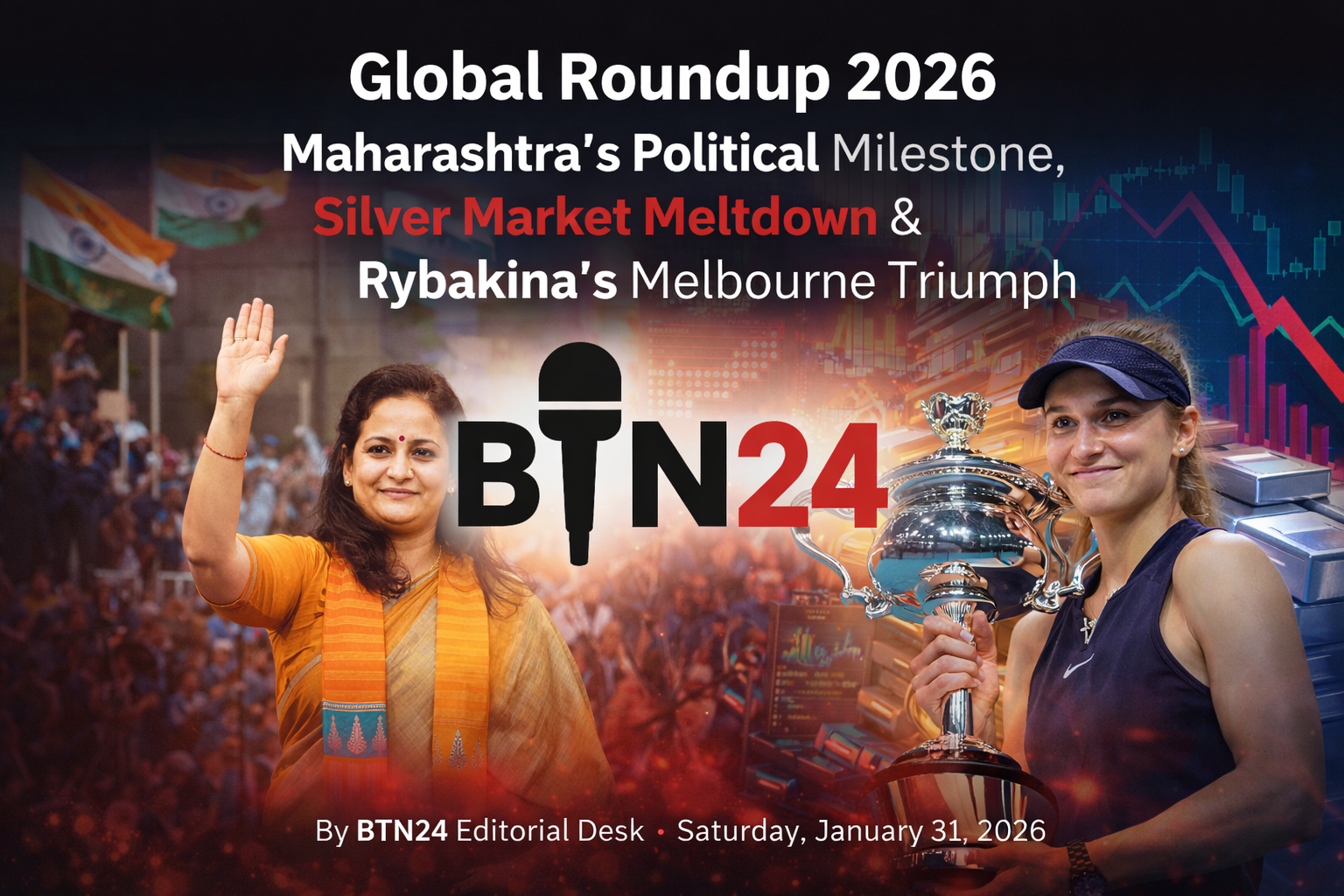 Global news roundup 2026 featuring Maharashtra political milestone, silver market crash and Australian Open champion Elena Rybakina
